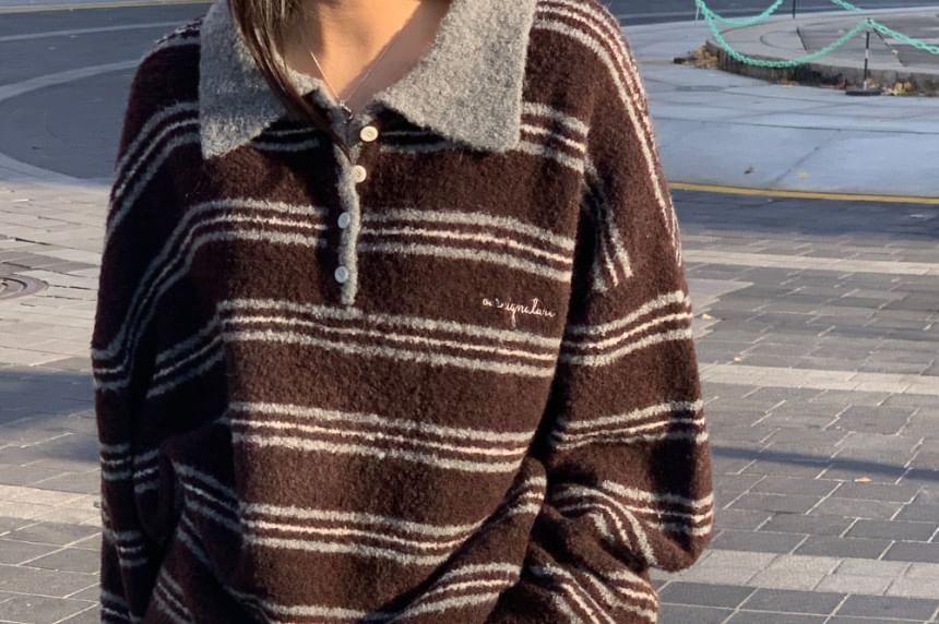 Striped Drop Shoulder Polo Sweater in Oversized Fit