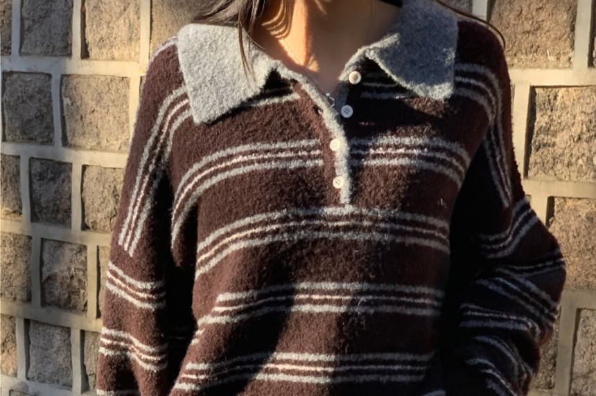 Striped Drop Shoulder Polo Sweater in Oversized Fit