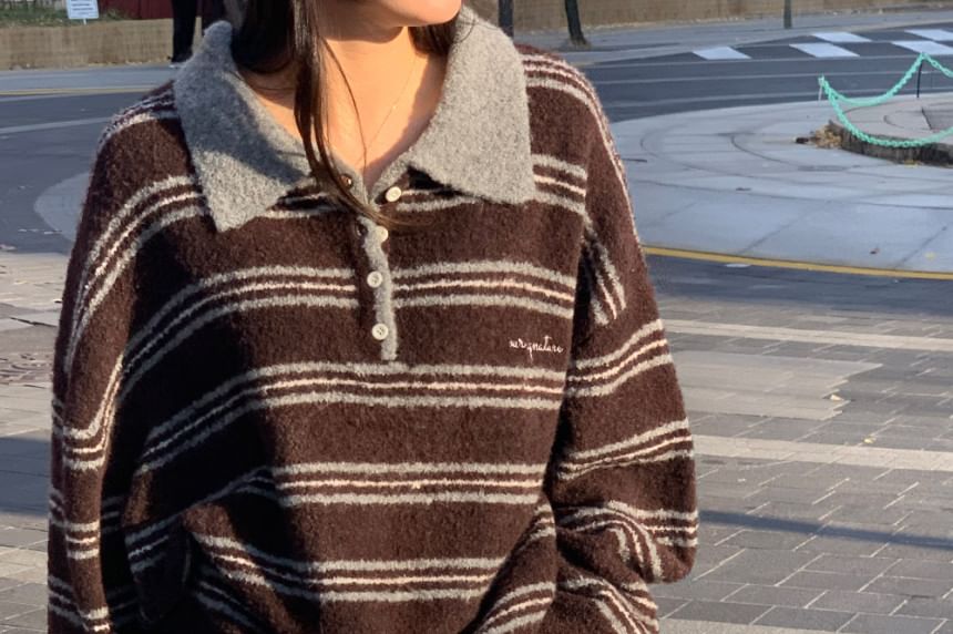 Striped Drop Shoulder Polo Sweater in Oversized Fit