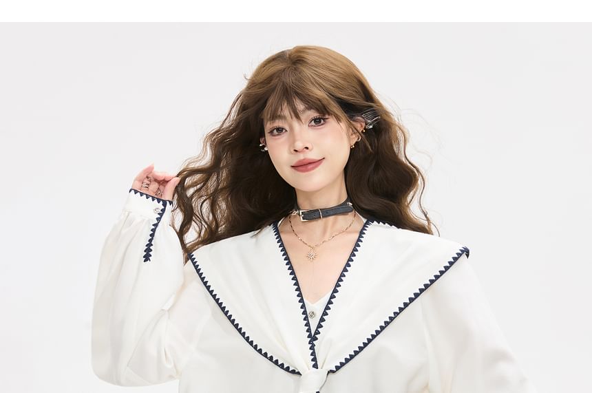 Sailor Collar Long Sleeve Shirt with Contrast Trim