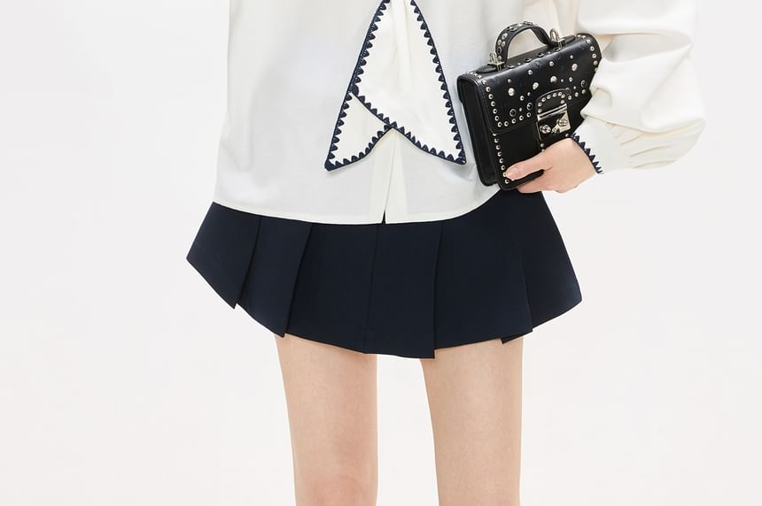 Sailor Collar Long Sleeve Shirt with Contrast Trim