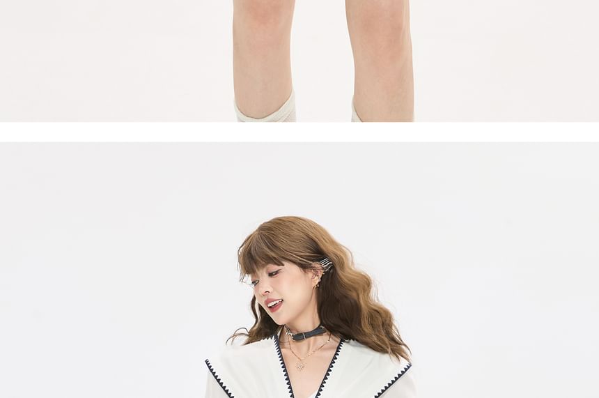 Sailor Collar Long Sleeve Shirt with Contrast Trim