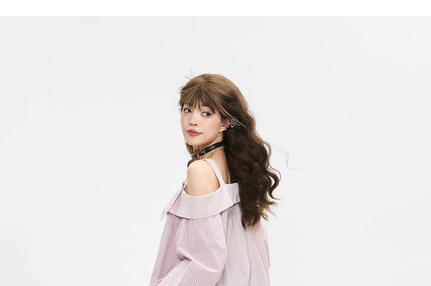Cold Shoulder Long Sleeve Shirt with Buckle Strap Detail