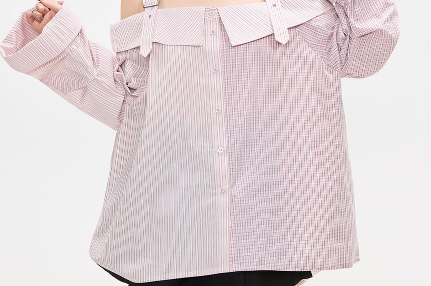 Cold Shoulder Long Sleeve Shirt with Buckle Strap Detail
