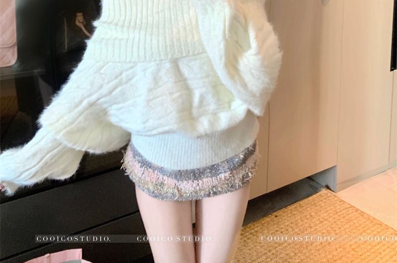 Off-Shoulder Cable-Knit Plain Sweater