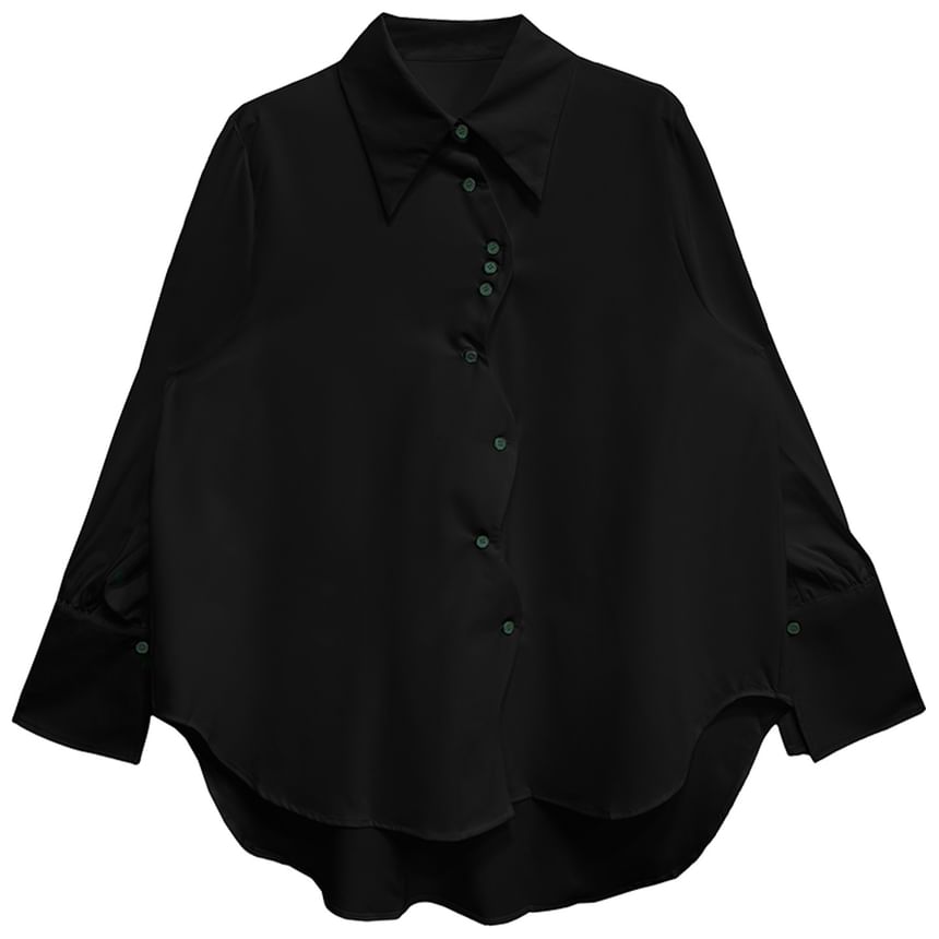 High-Low Collared Long Sleeve Shirt with Solid Color