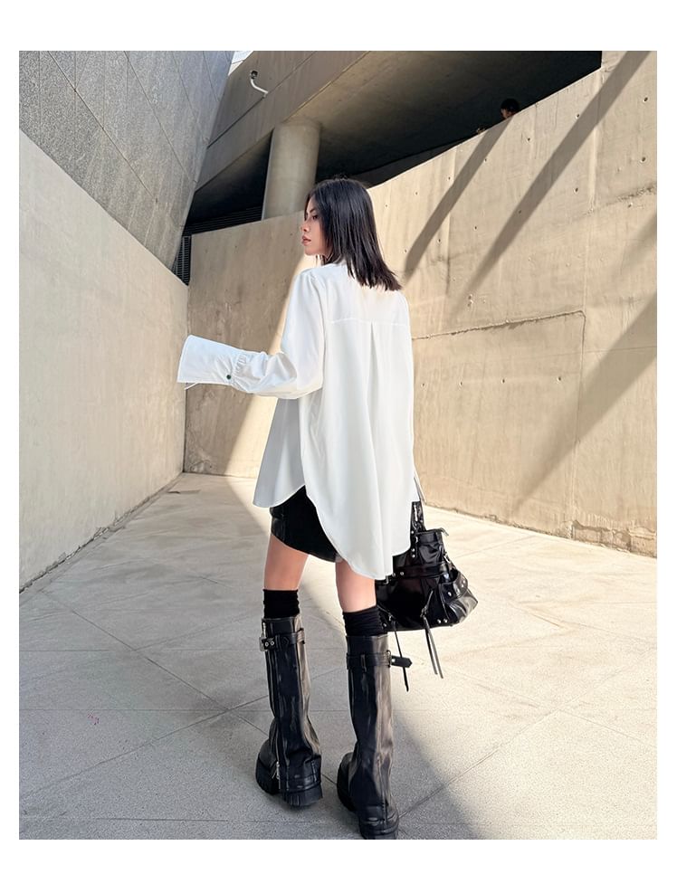 High-Low Collared Long Sleeve Shirt with Solid Color