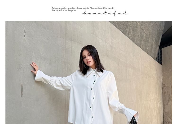 High-Low Collared Long Sleeve Shirt with Solid Color