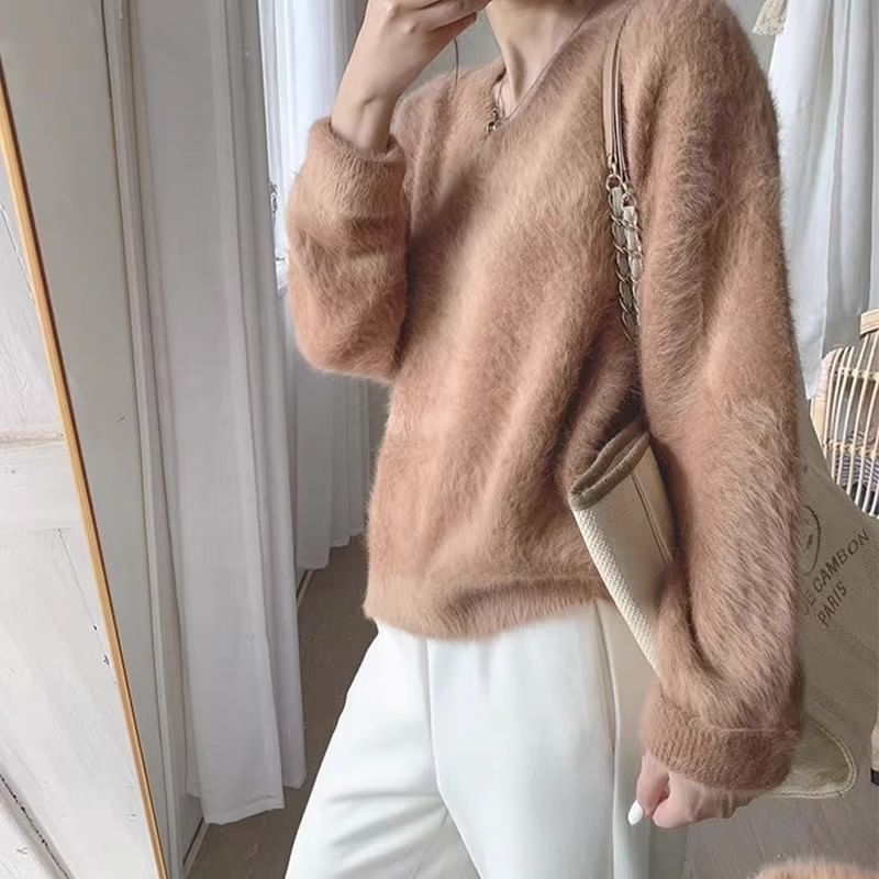 V-Neck Fluffy Soft Knit Sweater