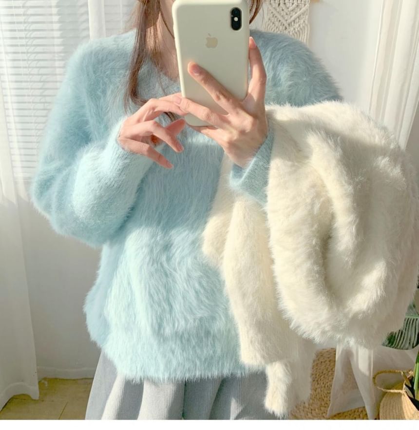 V-Neck Fluffy Soft Knit Sweater