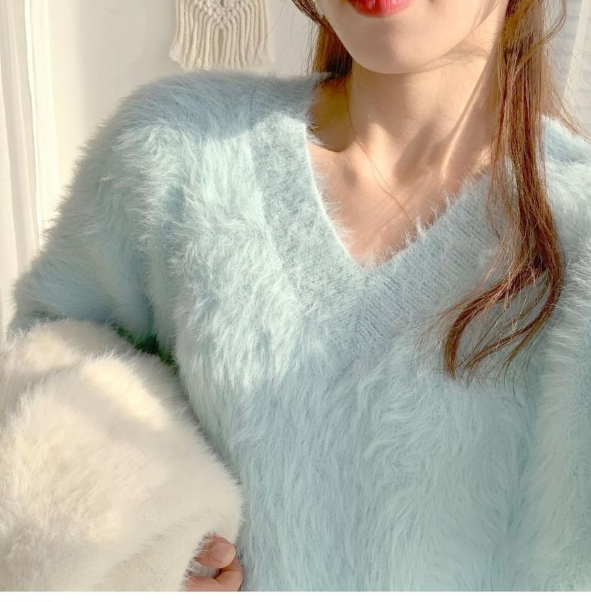 V-Neck Fluffy Soft Knit Sweater