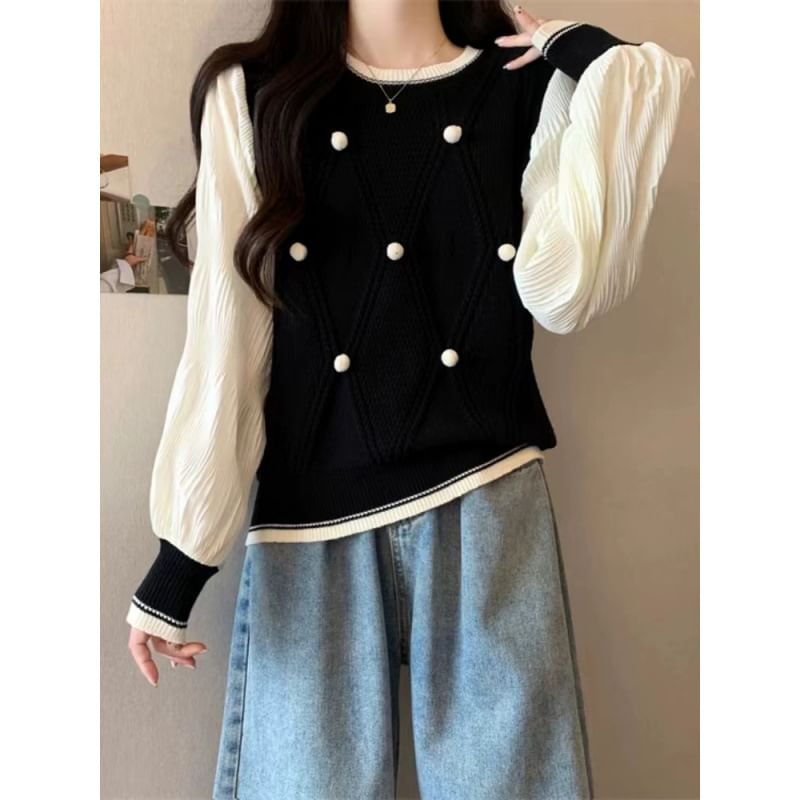 Crew Neck Sweater with Pom Pom Trim Panels