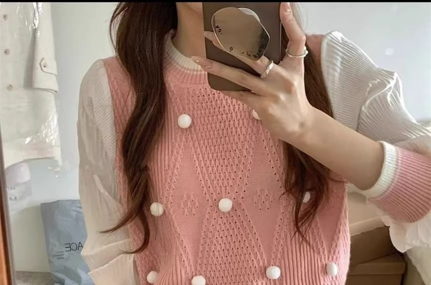 Crew Neck Sweater with Pom Pom Trim Panels