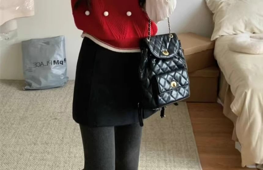 Crew Neck Sweater with Pom Pom Trim Panels