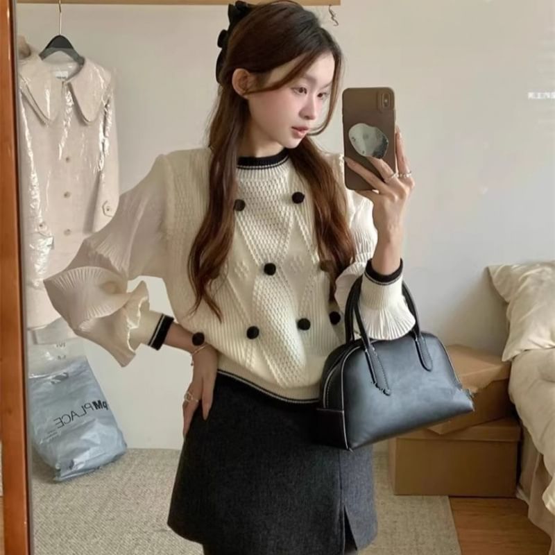 Crew Neck Sweater with Pom Pom Trim Panels