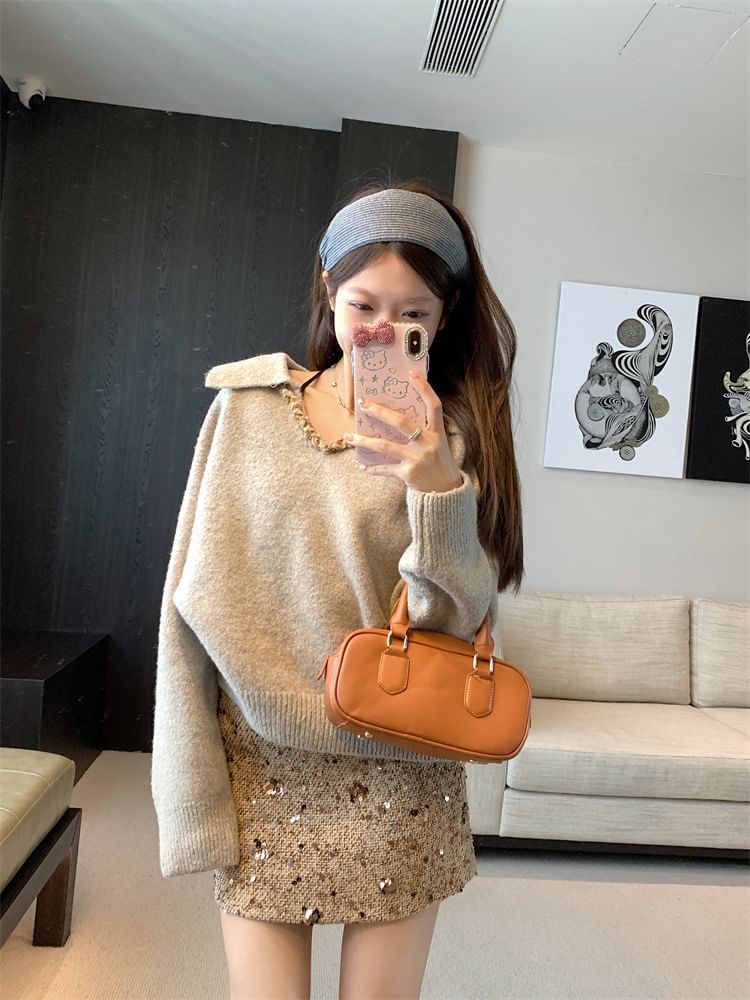 V-Neck Collared Knit Pullover