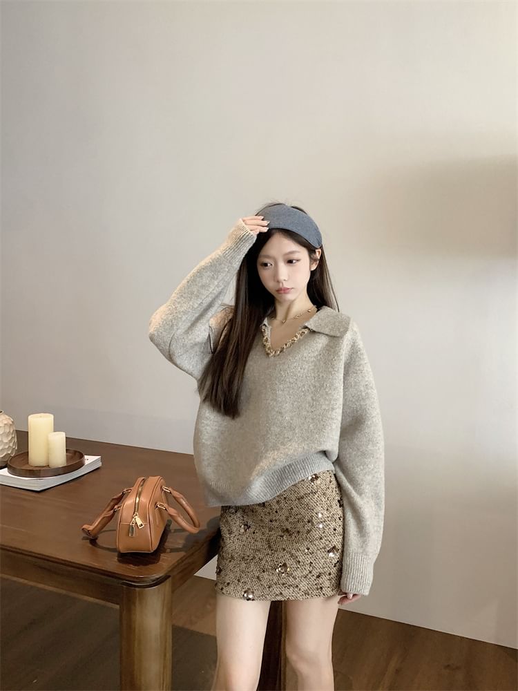V-Neck Collared Knit Pullover