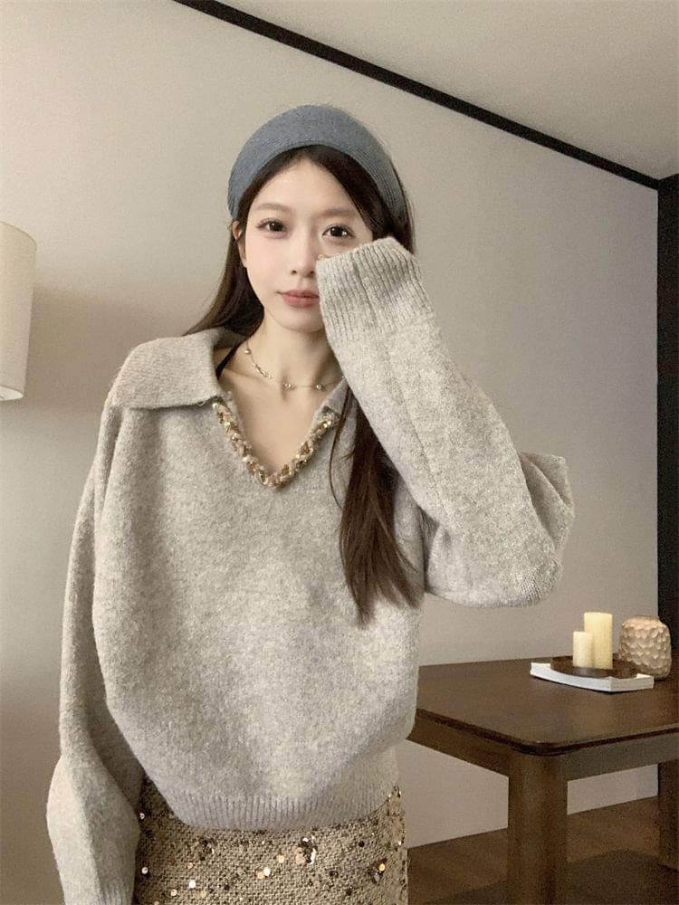 V-Neck Collared Knit Pullover