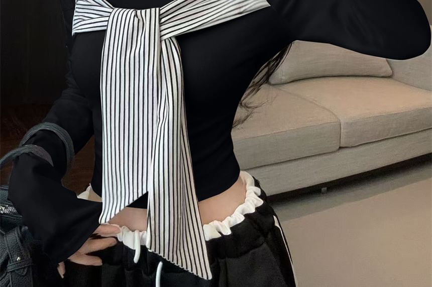 Off-Shoulder Striped Long Sleeve Top with Tie-Up Detail