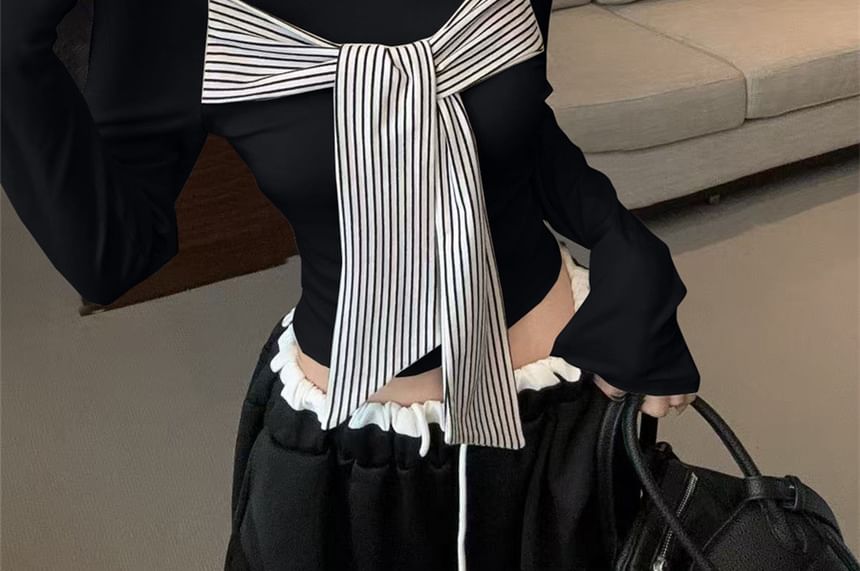Off-Shoulder Striped Long Sleeve Top with Tie-Up Detail