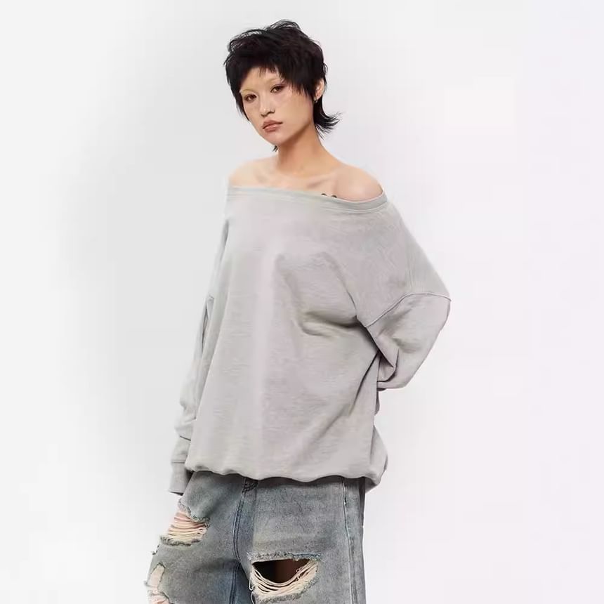 Off-Shoulder Plain Knit Pullover
