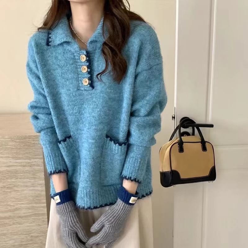 Oversized Drop-Shoulder Collared Knit Sweater
