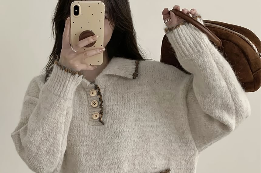 Oversized Drop-Shoulder Collared Knit Sweater