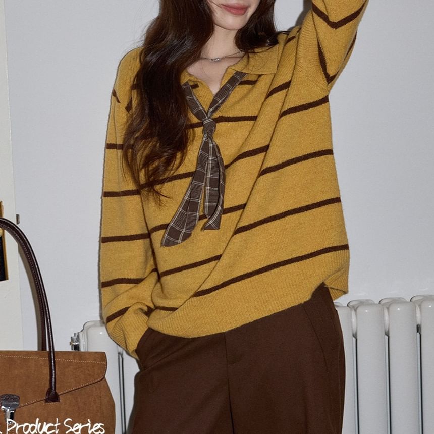 Oversized Striped Sweater with Collar and Scarf Set