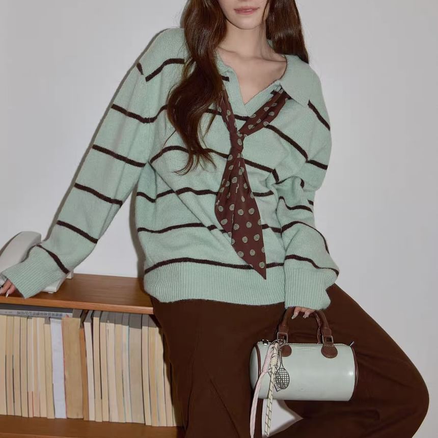 Oversized Striped Sweater with Collar and Scarf Set