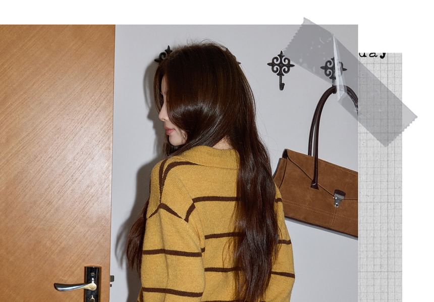 Oversized Striped Sweater with Collar and Scarf Set