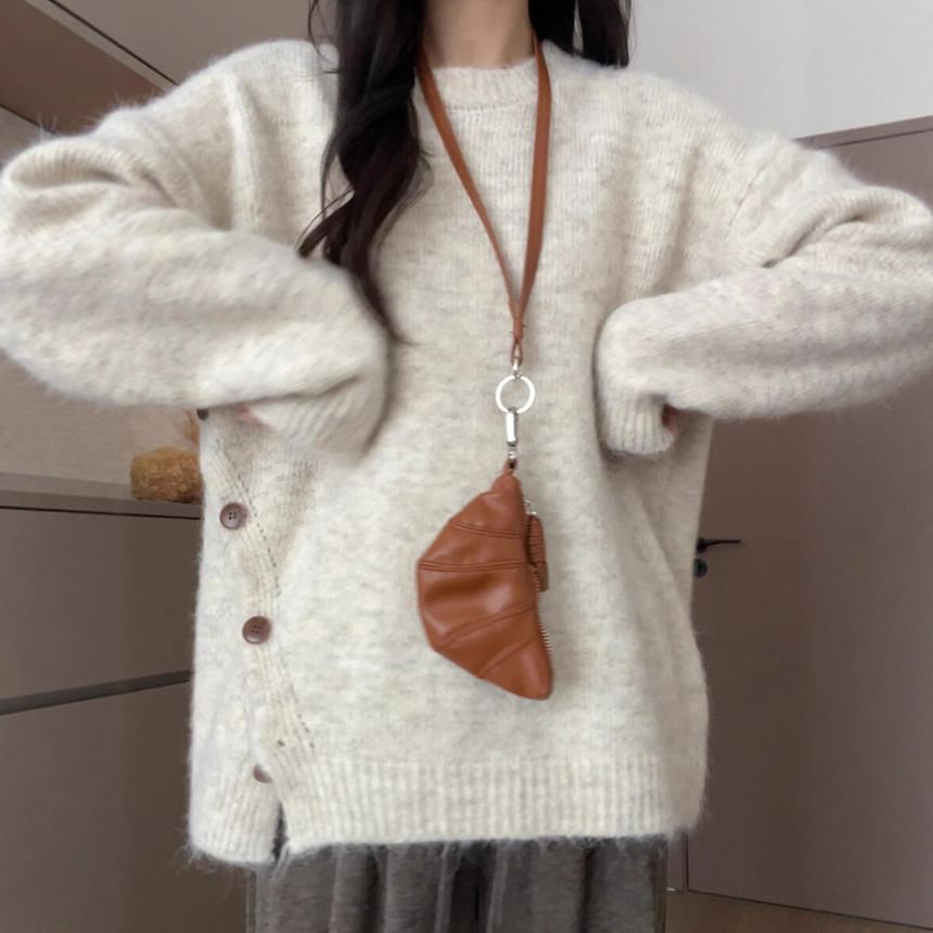 Crew Neck Button-Front Knit Pullover with Side Slit