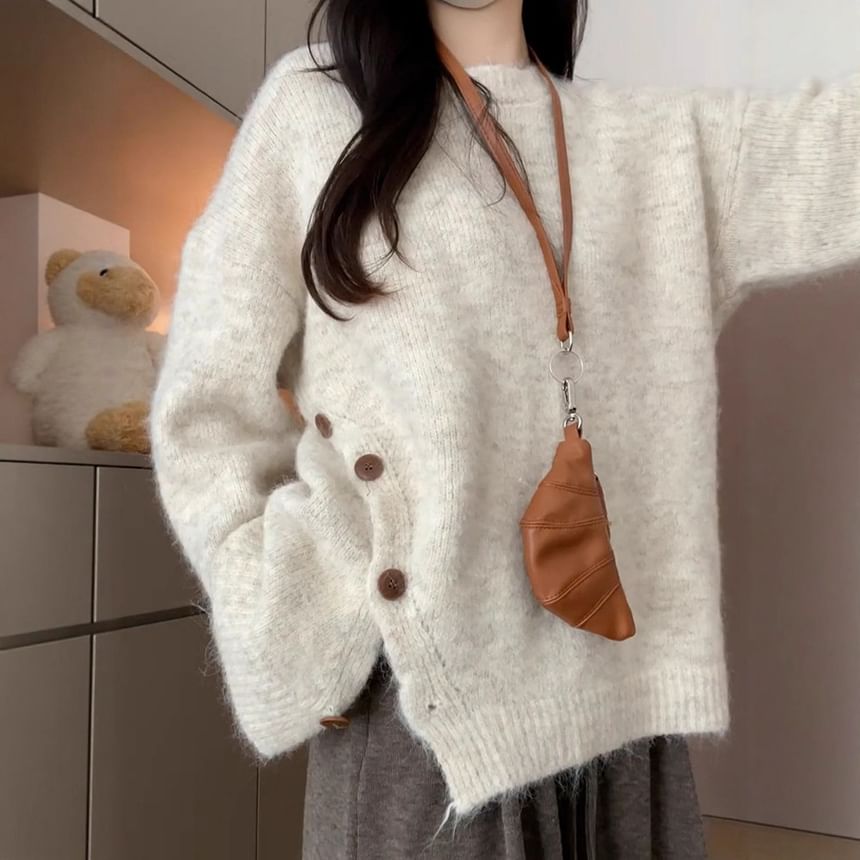 Crew Neck Button-Front Knit Pullover with Side Slit