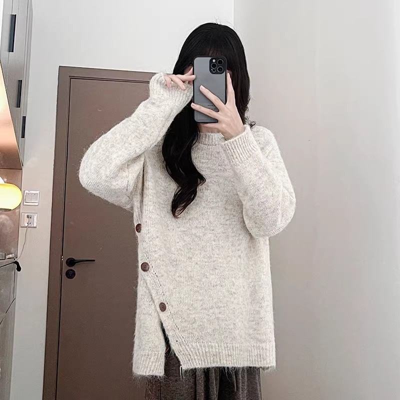 Crew Neck Button-Front Knit Pullover with Side Slit