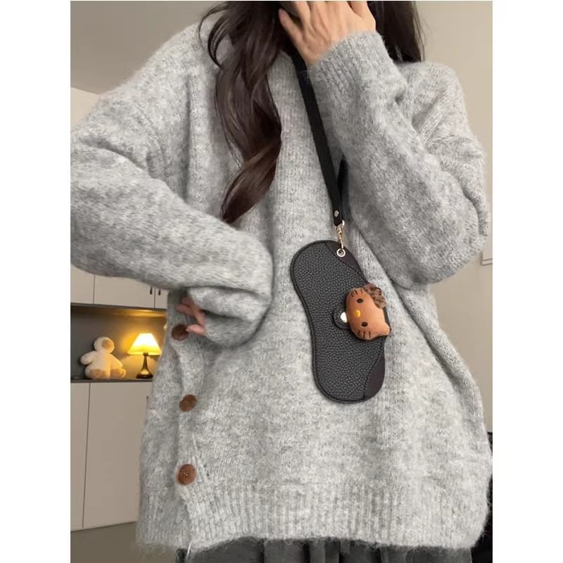 Crew Neck Button-Front Knit Pullover with Side Slit