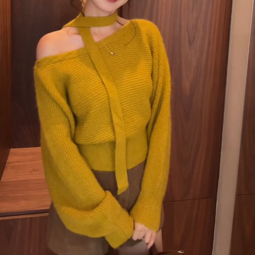 Asymmetric One-Shoulder Ribbed Knit Sweater