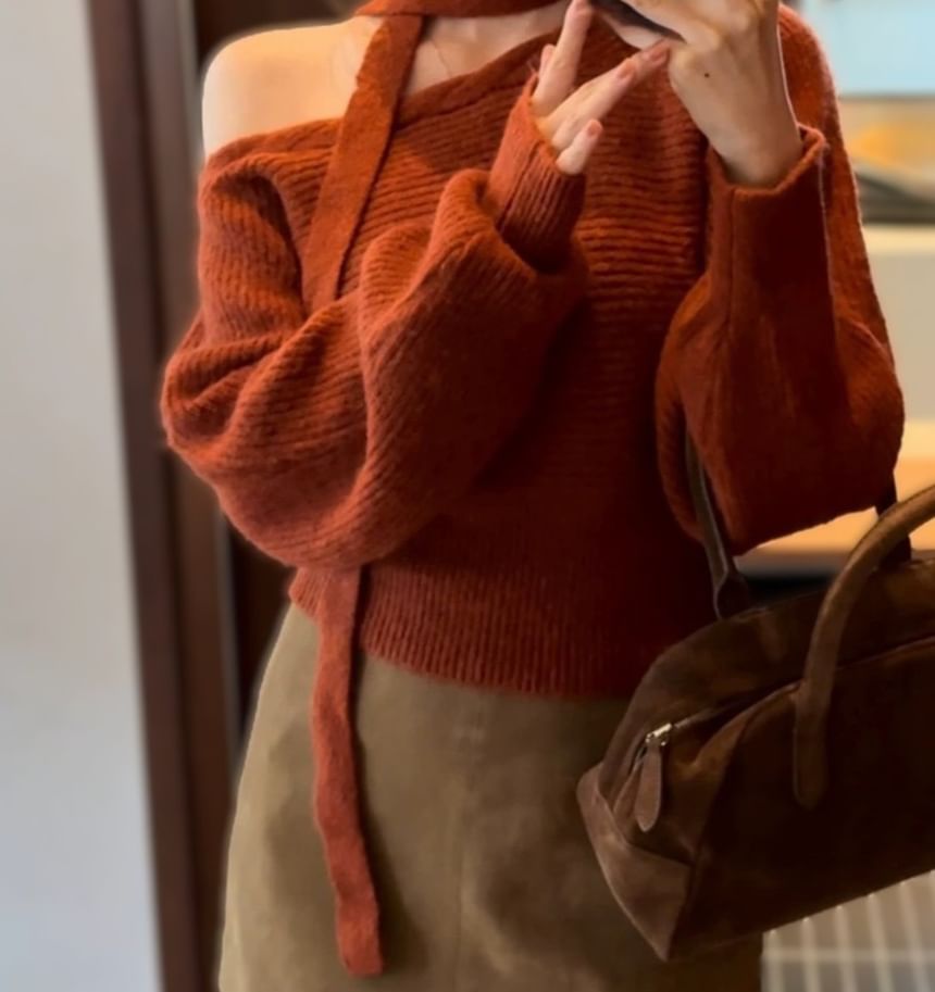 Asymmetric One-Shoulder Ribbed Knit Sweater