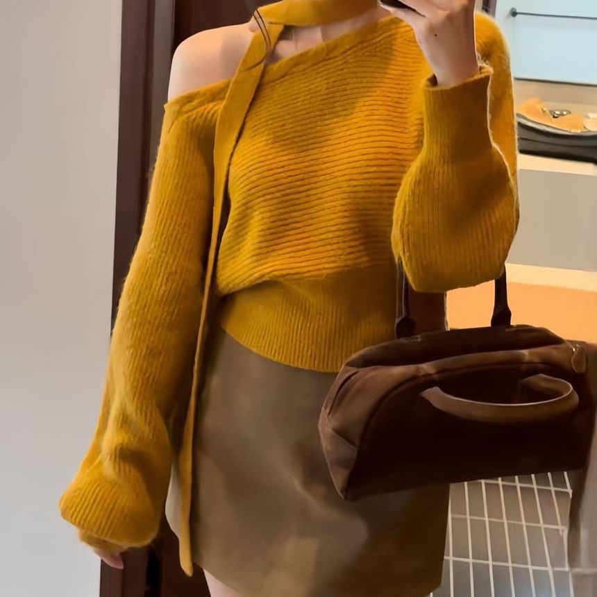 Asymmetric One-Shoulder Ribbed Knit Sweater
