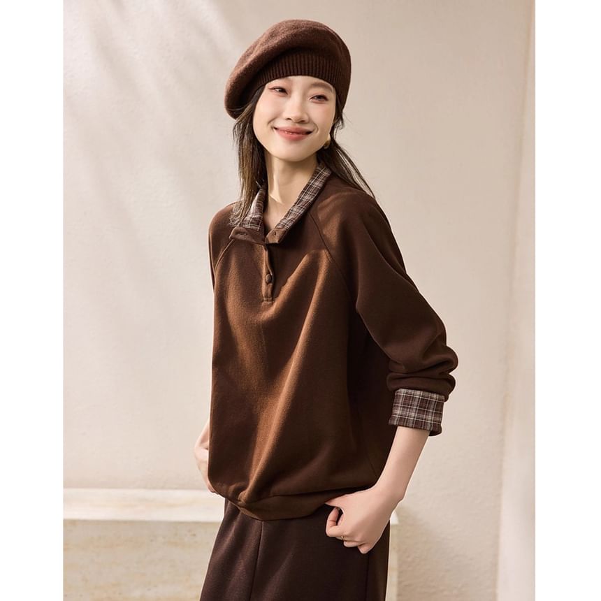 Plaid Panel Henley Mock Neck Sweatshirt