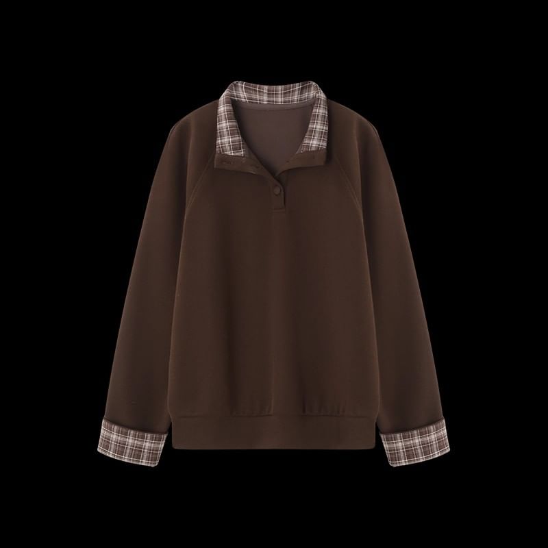 Plaid Panel Henley Mock Neck Sweatshirt