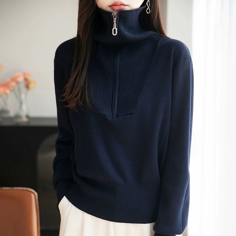 Turtleneck Half-Zip Knit Sweater