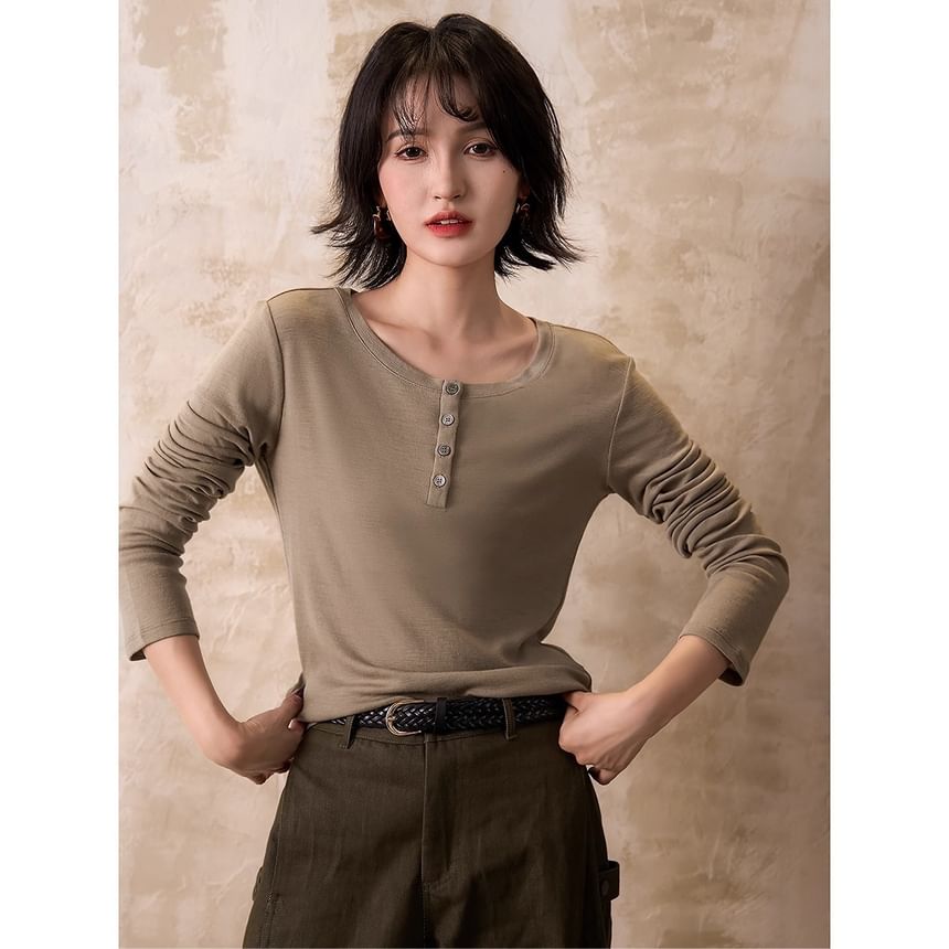 Scoop Neck Henley Long Sleeve Tee