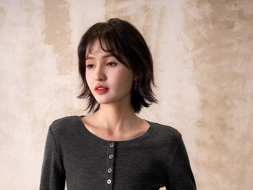 Scoop Neck Henley Long Sleeve Tee