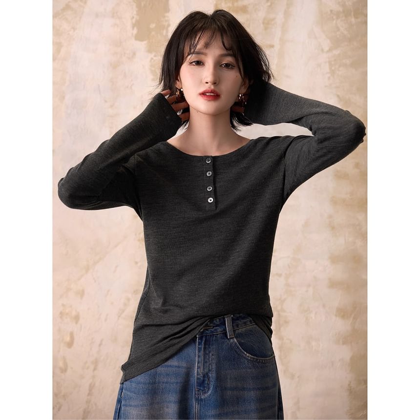 Scoop Neck Henley Long Sleeve Tee