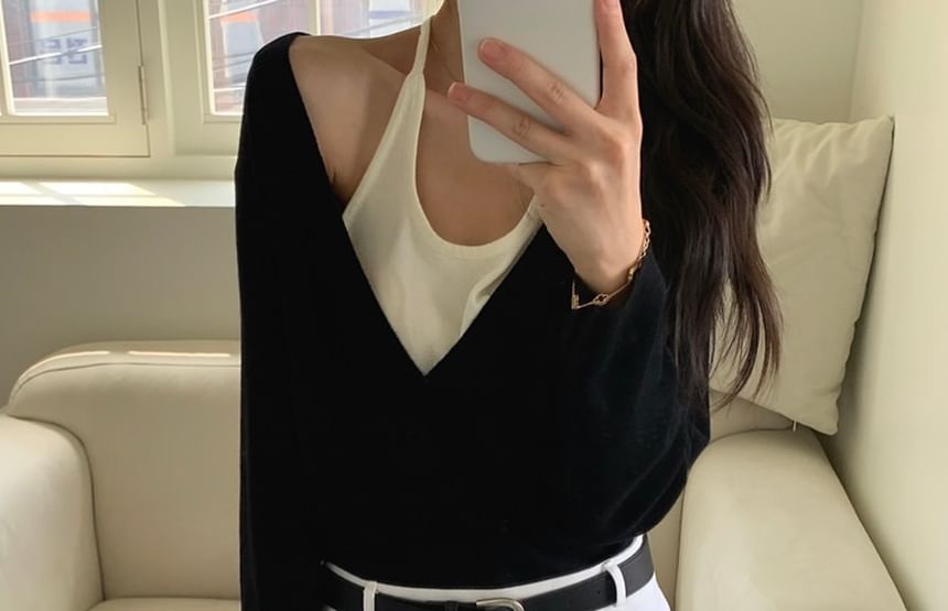 Halter Mock Two-Piece Long Sleeve Knit Top