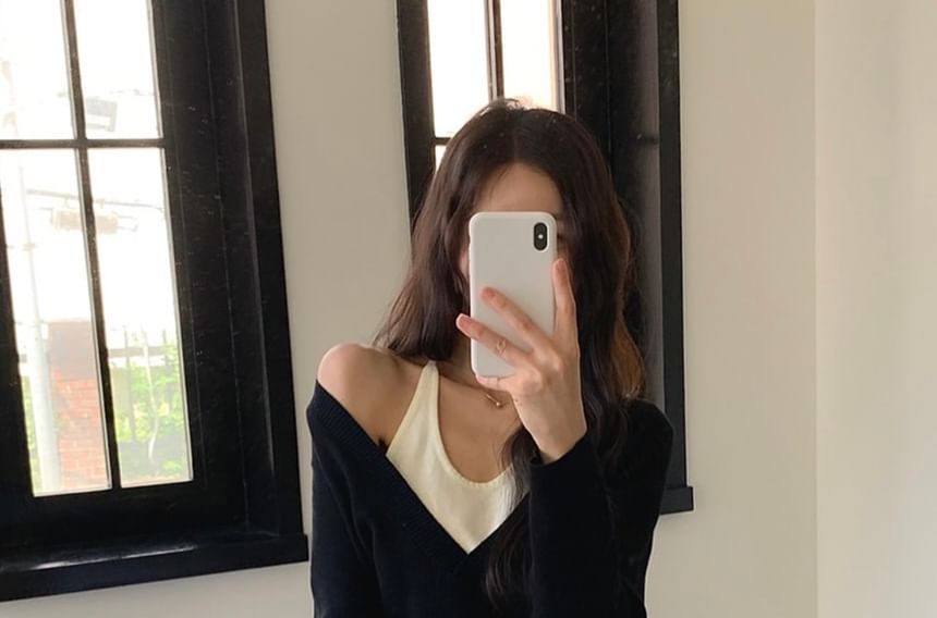 Halter Mock Two-Piece Long Sleeve Knit Top