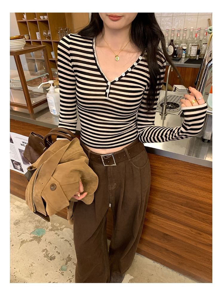 Striped Button-Front V-Neck Long Sleeve Tee