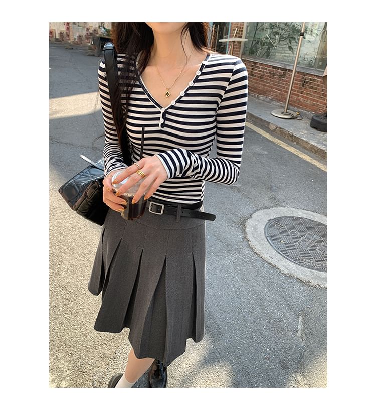 Striped Button-Front V-Neck Long Sleeve Tee