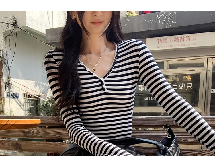 Striped Button-Front V-Neck Long Sleeve Tee