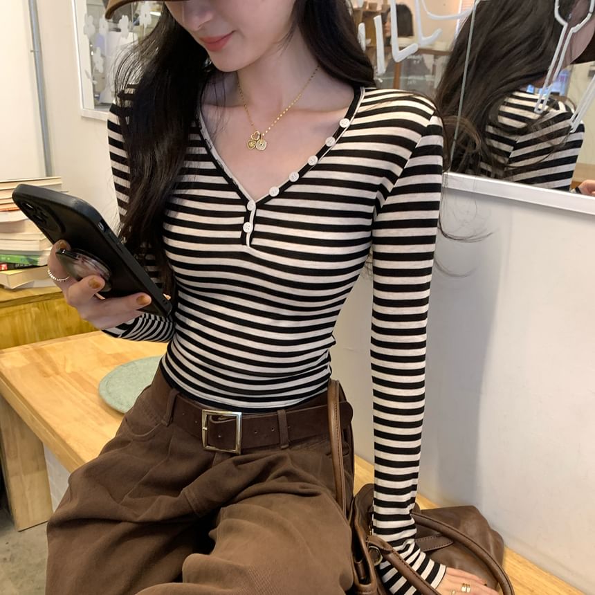 Striped Button-Front V-Neck Long Sleeve Tee