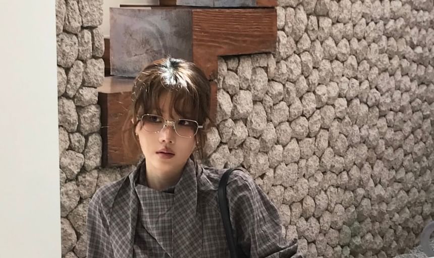 Tie-Neck Plaid Long-Sleeve Shirt